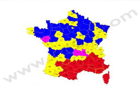Carte de la répartition de la leishmaniose du chien en France. Rouge : départements dans lesquels la maladie est habituellement présente Fuchsia : départements dans lesquels des cas autochtones ont été recensés depuis 2005 Jaune : départements dans lesquels des cas autochtones ont été recensés avant 2005