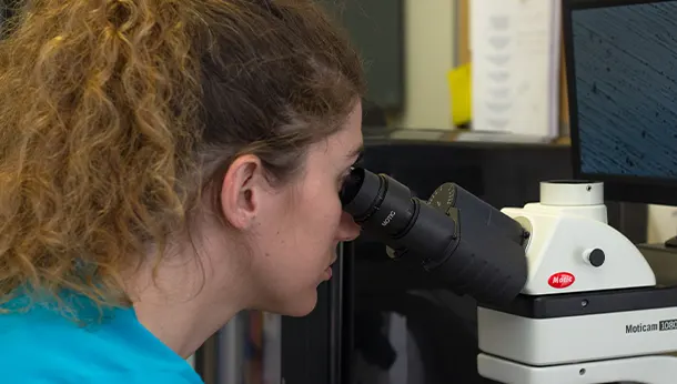 vétérinaire à l'étude d'un prélèvement à l'aide d'un microscope